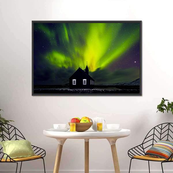 Green Northern Light Over Church Canvas Wall Art-3 Horizontal-Gallery Wrap-25" x 16"-Tiaracle