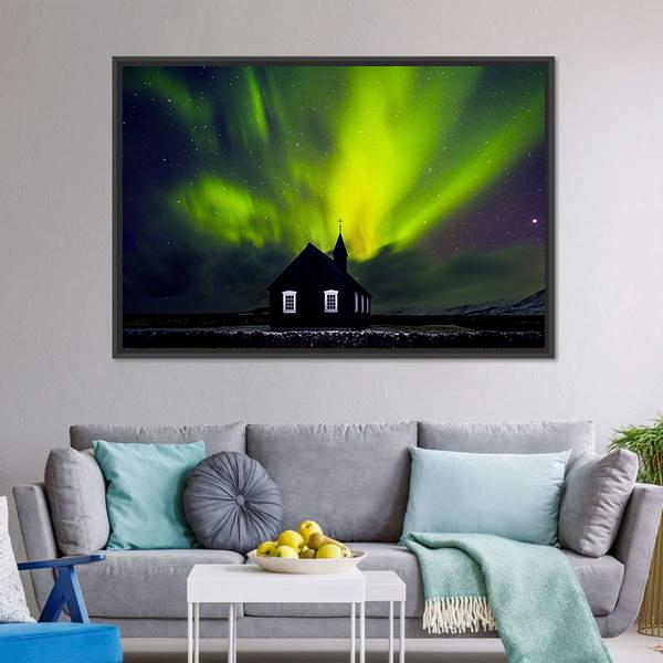Green Northern Light Over Church Canvas Wall Art-5 Horizontal-Gallery Wrap-22" x 12"-Tiaracle