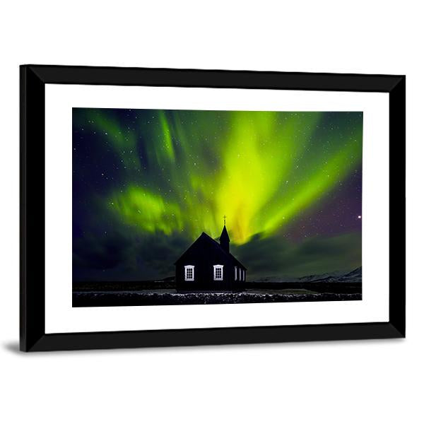 Green Northern Light Over Church Canvas Wall Art-5 Horizontal-Gallery Wrap-22" x 12"-Tiaracle
