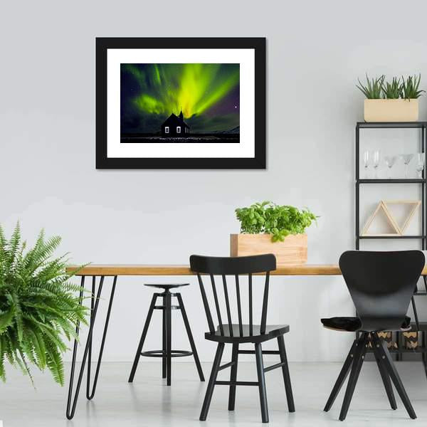 Green Northern Light Over Church Canvas Wall Art-5 Horizontal-Gallery Wrap-22" x 12"-Tiaracle