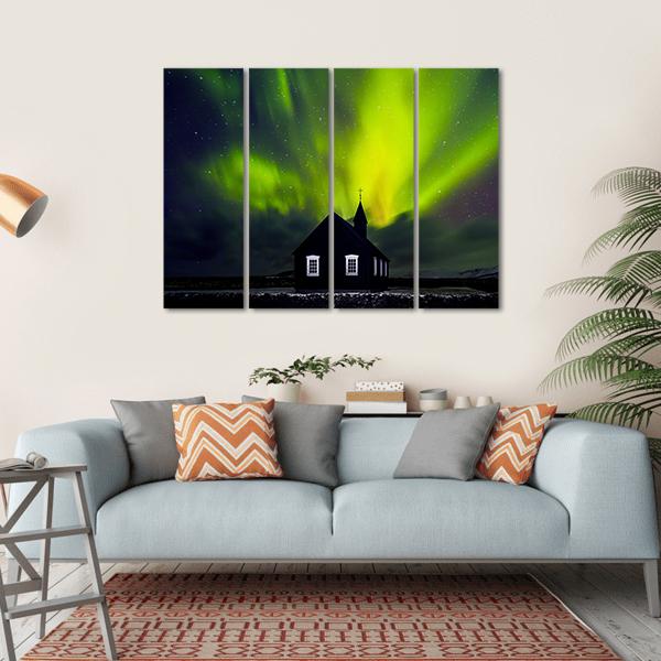 Green Northern Light Over Church Canvas Wall Art-4 Horizontal-Gallery Wrap-34" x 24"-Tiaracle
