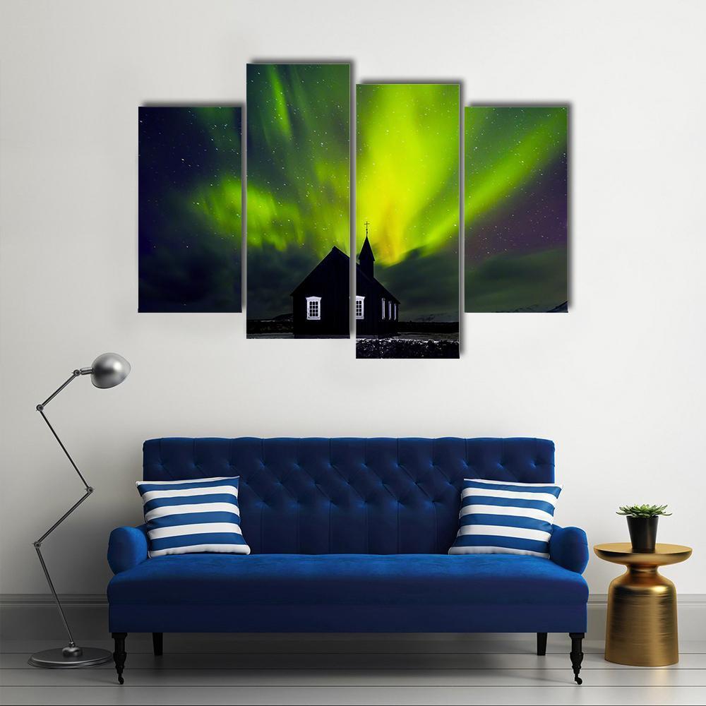 Green Northern Light Over Church Canvas Wall Art-4 Pop-Gallery Wrap-50" x 32"-Tiaracle