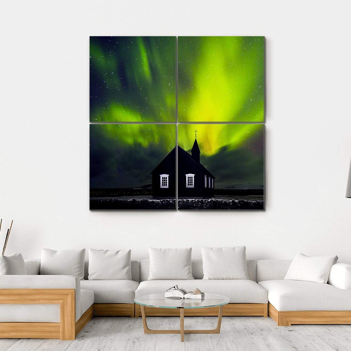 Green Northern Light Over Church Canvas Wall Art-4 Square-Gallery Wrap-17" x 17"-Tiaracle