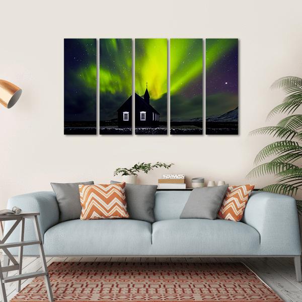 Green Northern Light Over Church Canvas Wall Art-5 Horizontal-Gallery Wrap-22" x 12"-Tiaracle