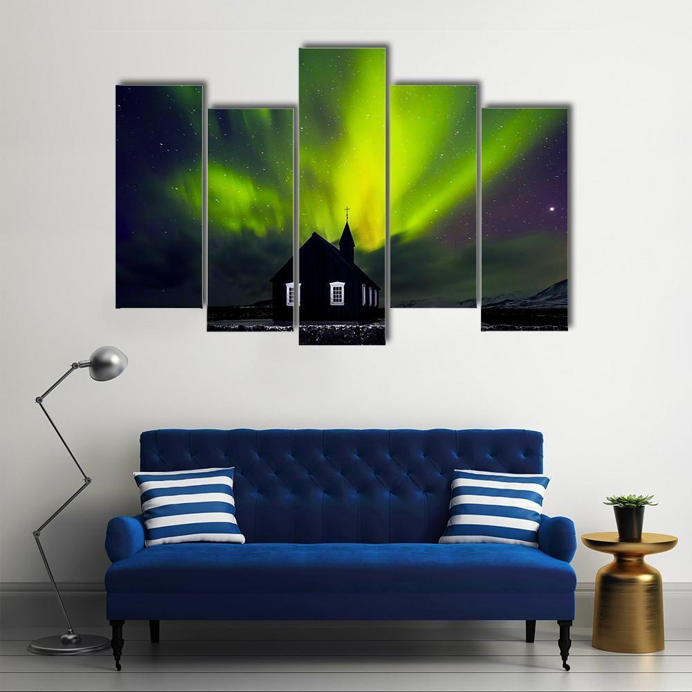 Green Northern Light Over Church Canvas Wall Art-5 Pop-Gallery Wrap-47" x 32"-Tiaracle