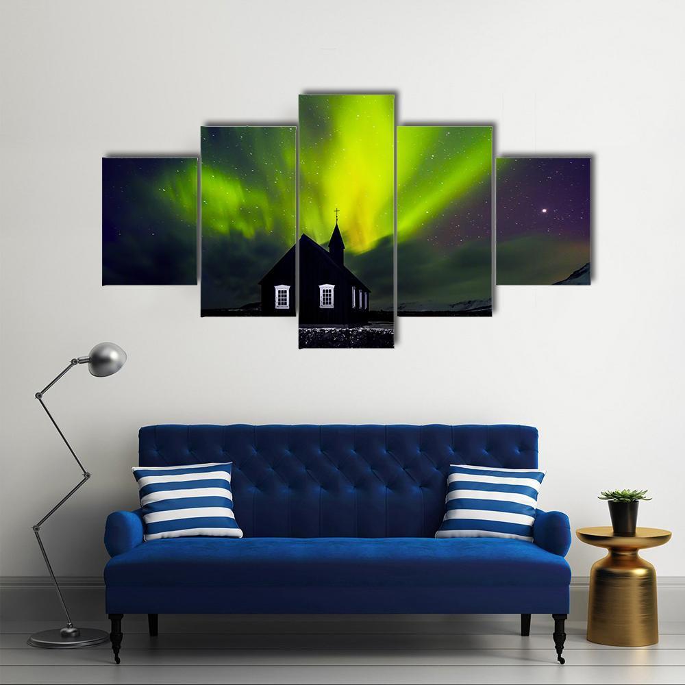 Green Northern Light Over Church Canvas Wall Art-5 Star-Gallery Wrap-62" x 32"-Tiaracle