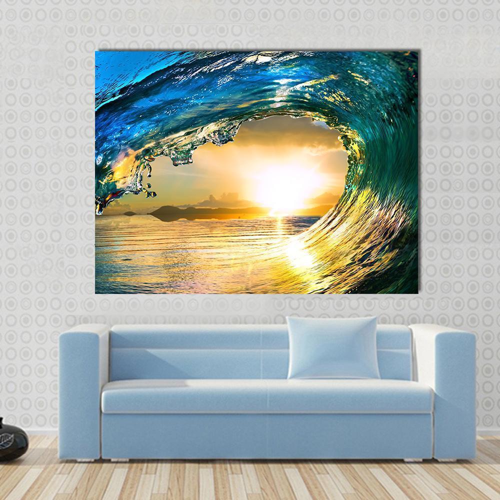 Green Ocean Wave at Sunset Canvas Wall Art in yellow, green and blue, single panel hung on a wall