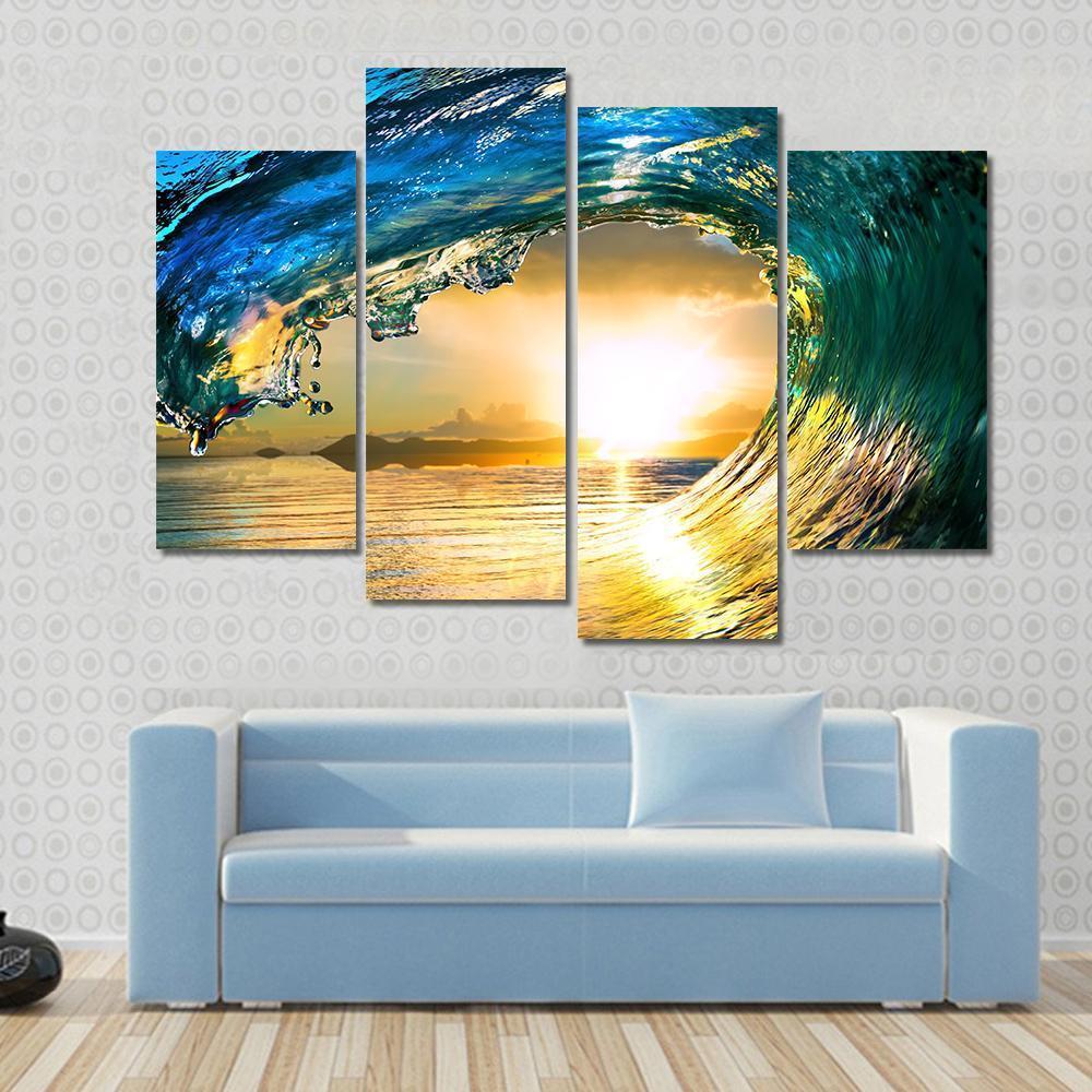 Green Ocean Wave At Sunset Canvas Wall Art-4 Pop-Gallery Wrap-50&quot; x 32&quot;-Tiaracle