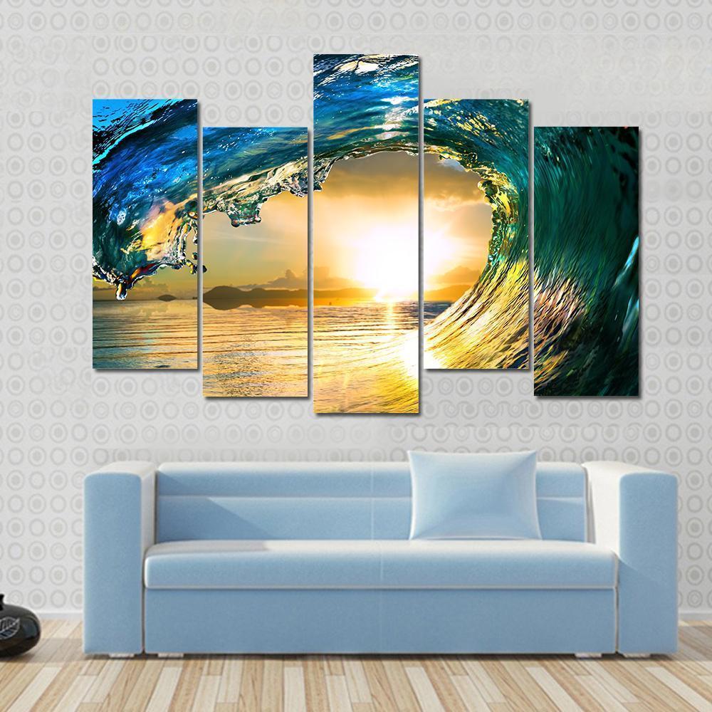 Green Ocean Wave At Sunset Canvas Wall Art-5 Pop-Gallery Wrap-47" x 32"-Tiaracle