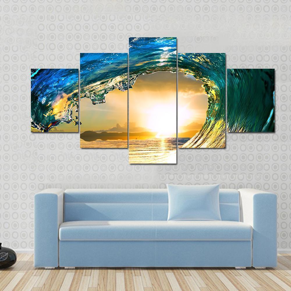Green Ocean Wave At Sunset Canvas Wall Art-5 Star-Gallery Wrap-62" x 32"-Tiaracle