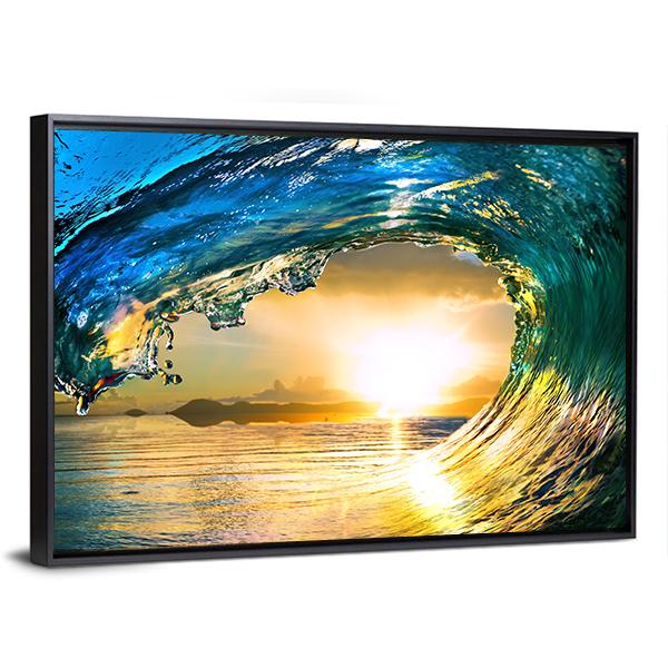 Green Ocean Wave At Sunset Canvas Wall Art-3 Horizontal-Gallery Wrap-25&quot; x 16&quot;-Tiaracle