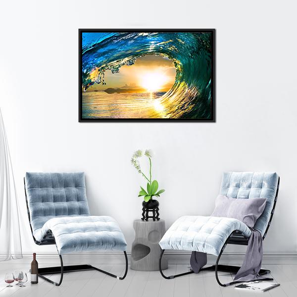 Green Ocean Wave At Sunset Canvas Wall Art-3 Horizontal-Gallery Wrap-25" x 16"-Tiaracle