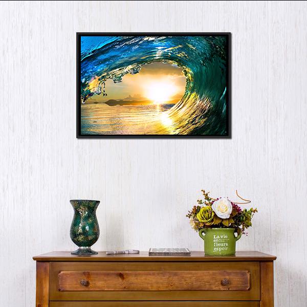 Green Ocean Wave At Sunset Canvas Wall Art-1 Piece-Floating Frame-24" x 16"-Tiaracle
