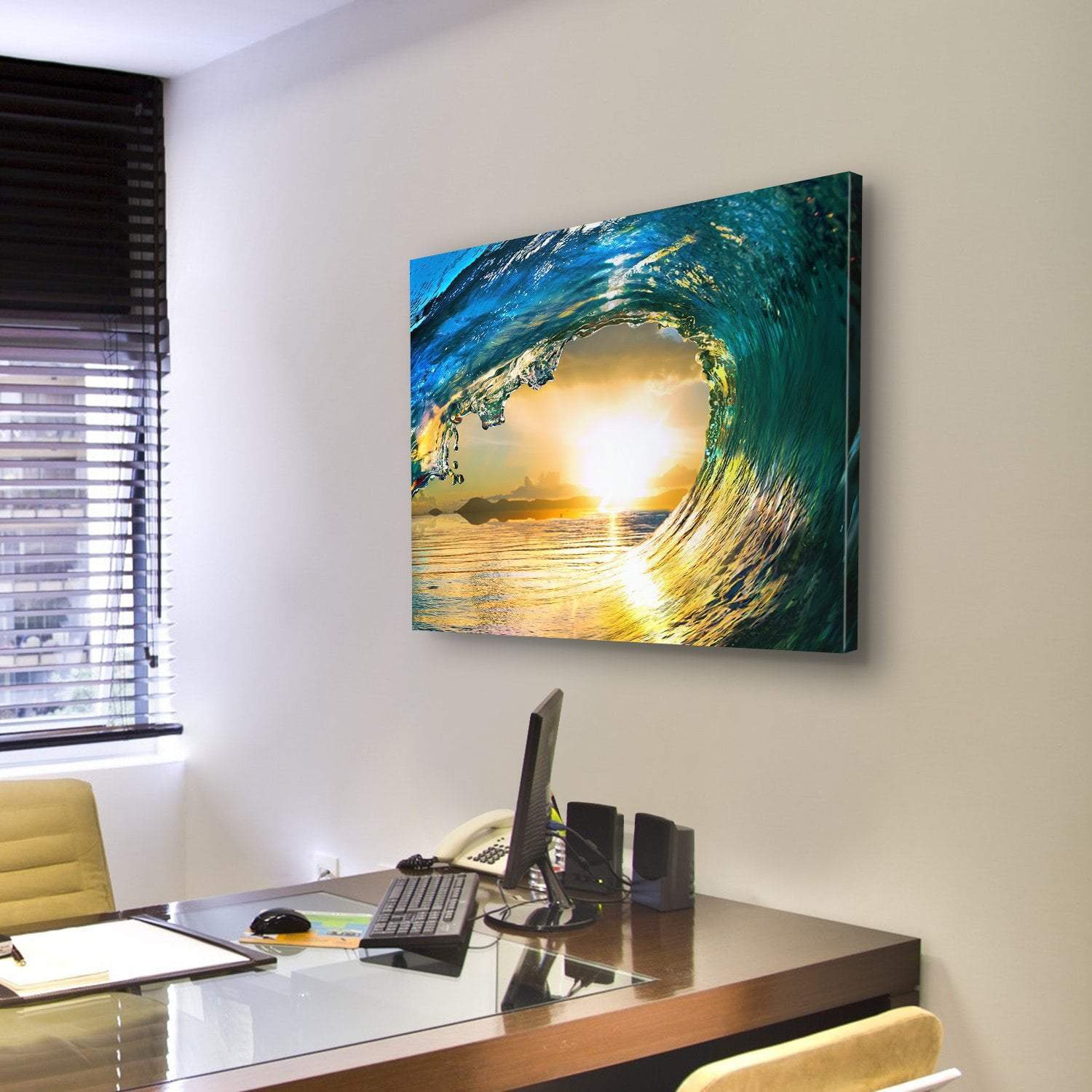 Green Ocean Wave At Sunset Canvas Wall Art-3 Horizontal-Gallery Wrap-25" x 16"-Tiaracle