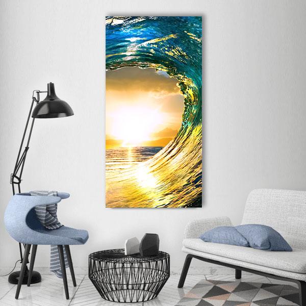 Green Ocean Wave At Sunset Vertical Canvas Wall Art-1 Vertical-Gallery Wrap-12" x 24"-Tiaracle