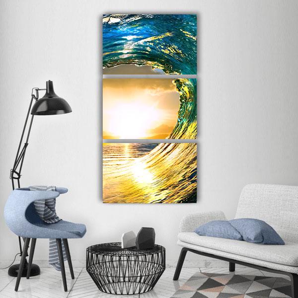 Green Ocean Wave At Sunset Vertical Canvas Wall Art-3 Vertical-Gallery Wrap-12" x 25"-Tiaracle