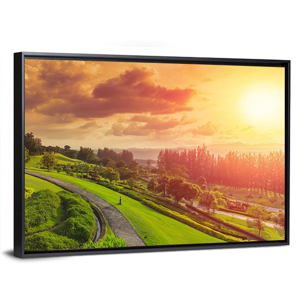 Green Park At Sunset Canvas Wall Art-3 Horizontal-Gallery Wrap-25" x 16"-Tiaracle