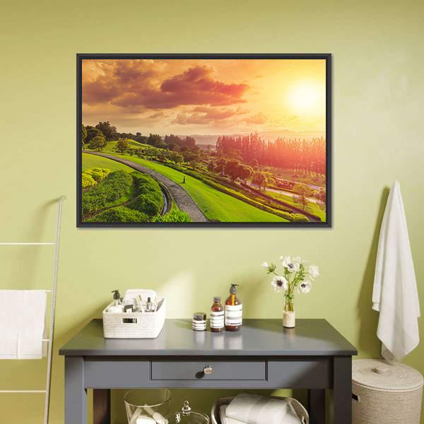 Green Park At Sunset Canvas Wall Art-1 Piece-Floating Frame-24" x 16"-Tiaracle