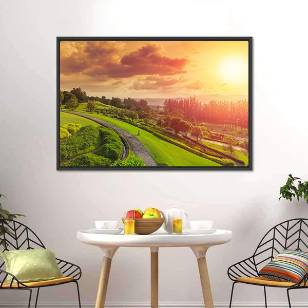 Green Park At Sunset Canvas Wall Art-3 Horizontal-Gallery Wrap-25" x 16"-Tiaracle
