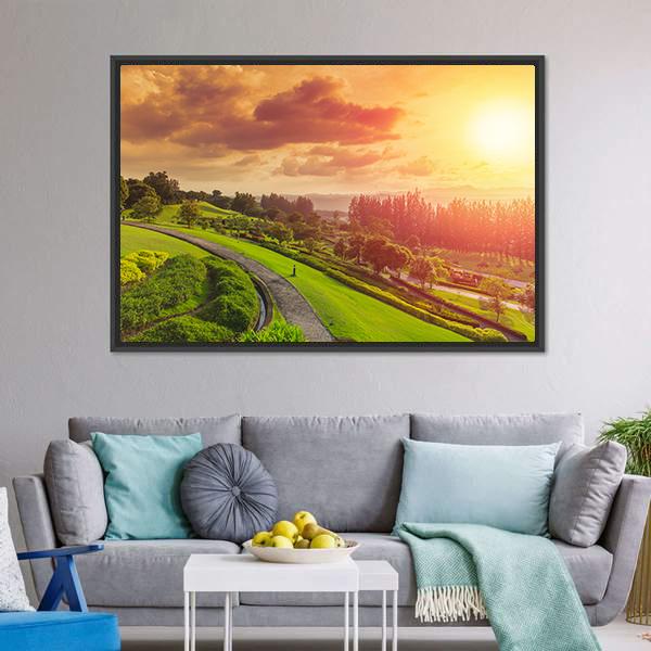 Green Park At Sunset Canvas Wall Art-3 Horizontal-Gallery Wrap-25" x 16"-Tiaracle