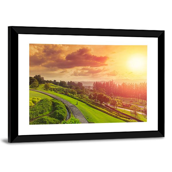 Green Park At Sunset Canvas Wall Art-3 Horizontal-Gallery Wrap-25" x 16"-Tiaracle