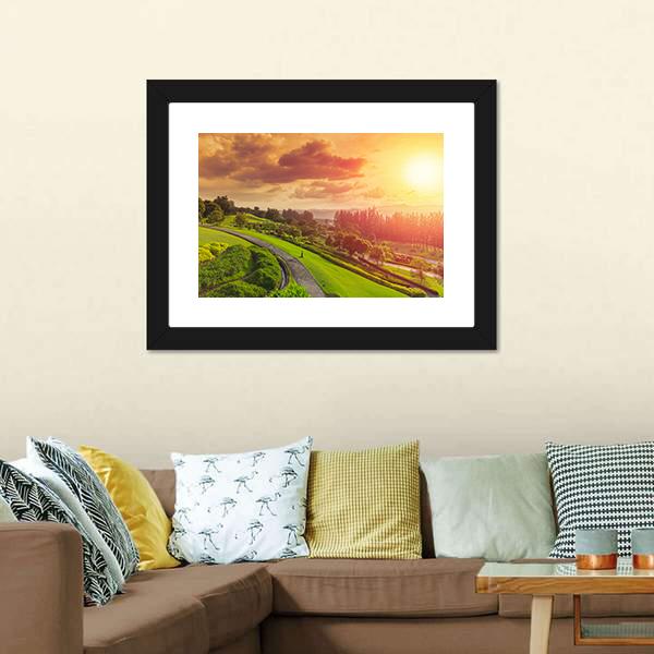Green Park At Sunset Canvas Wall Art-3 Horizontal-Gallery Wrap-25" x 16"-Tiaracle