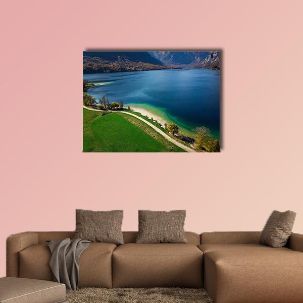Bohinj Lake Slovenia Canvas Wall Art in green and blue, single panel hung on a wall