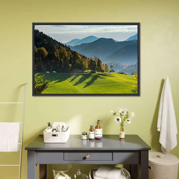 Green Pasture And Mountains Canvas Wall Art-1 Piece-Floating Frame-24" x 16"-Tiaracle