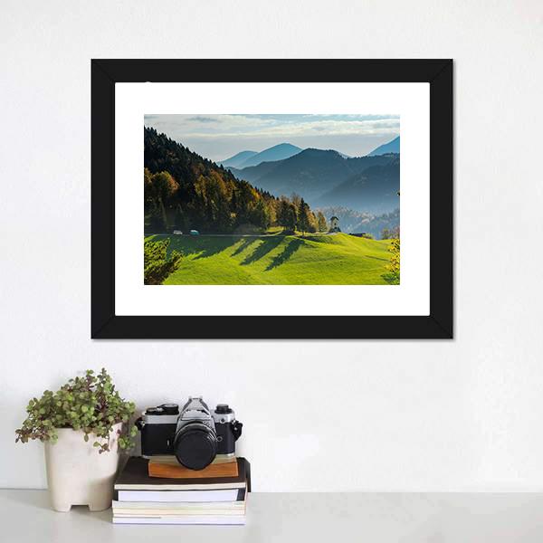Green Pasture And Mountains Canvas Wall Art-1 Piece-Framed Print-20" x 16"-Tiaracle