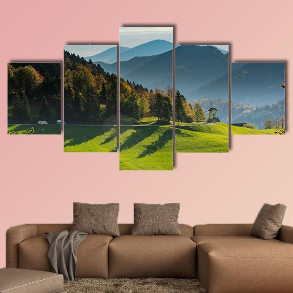 Green Pasture And Mountains Canvas Wall Art-5 Star-Gallery Wrap-62" x 32"-Tiaracle