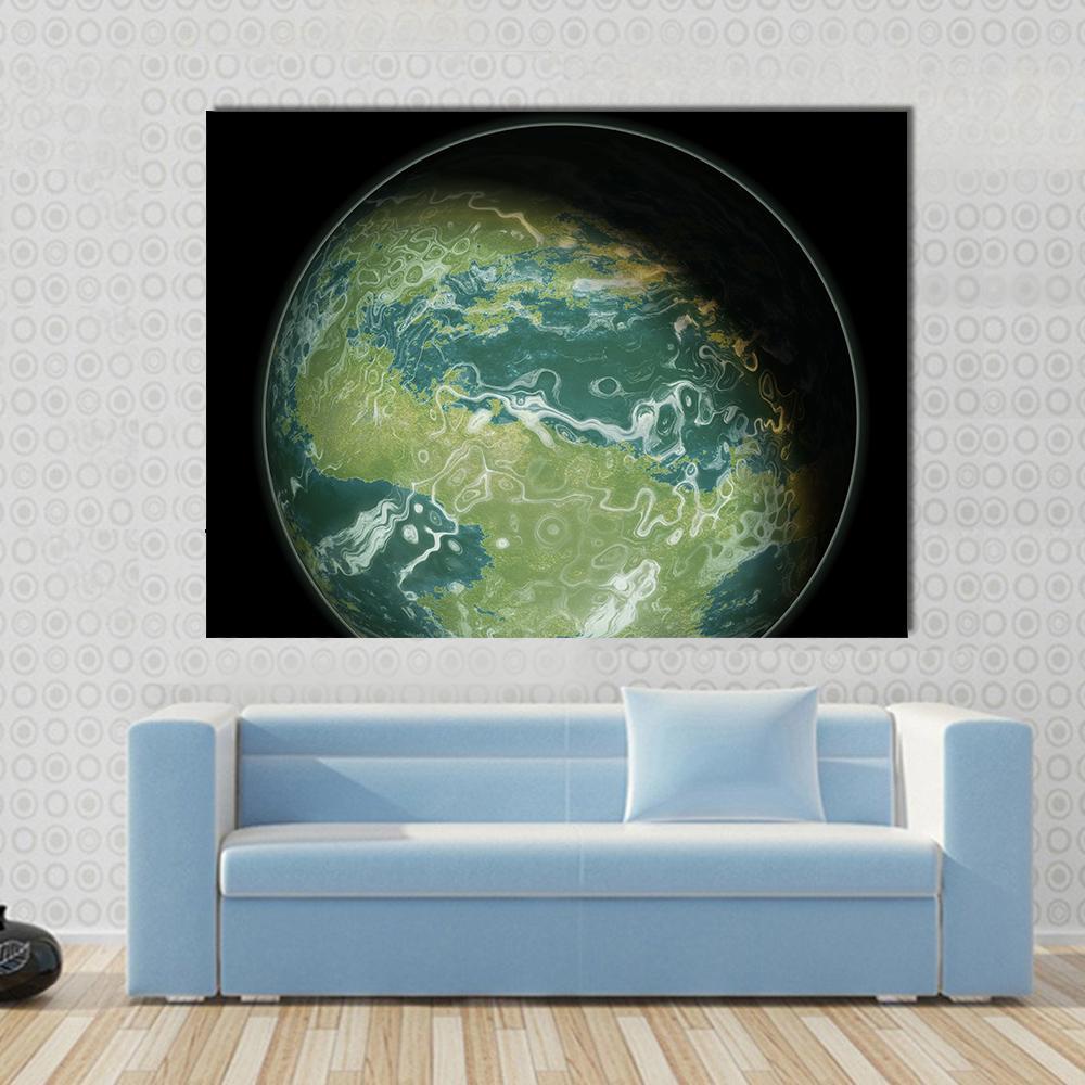 Green Planet Canvas Wall Art in black, green and blue, single panel hung on a wall