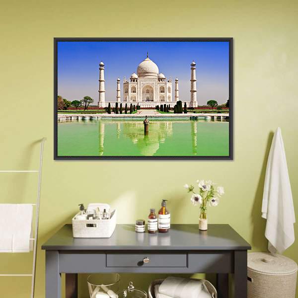 Green Pond In Front Of Taj Mahal Canvas Wall Art-1 Piece-Floating Frame-24" x 16"-Tiaracle