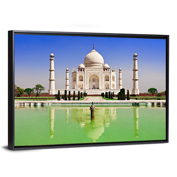 Green Pond In Front Of Taj Mahal Canvas Wall Art-3 Horizontal-Gallery Wrap-25" x 16"-Tiaracle