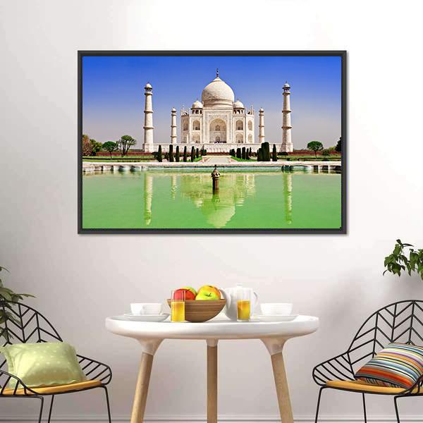 Green Pond In Front Of Taj Mahal Canvas Wall Art-3 Horizontal-Gallery Wrap-25" x 16"-Tiaracle