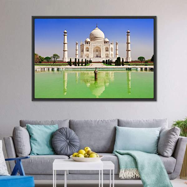 Green Pond In Front Of Taj Mahal Canvas Wall Art-3 Horizontal-Gallery Wrap-25" x 16"-Tiaracle