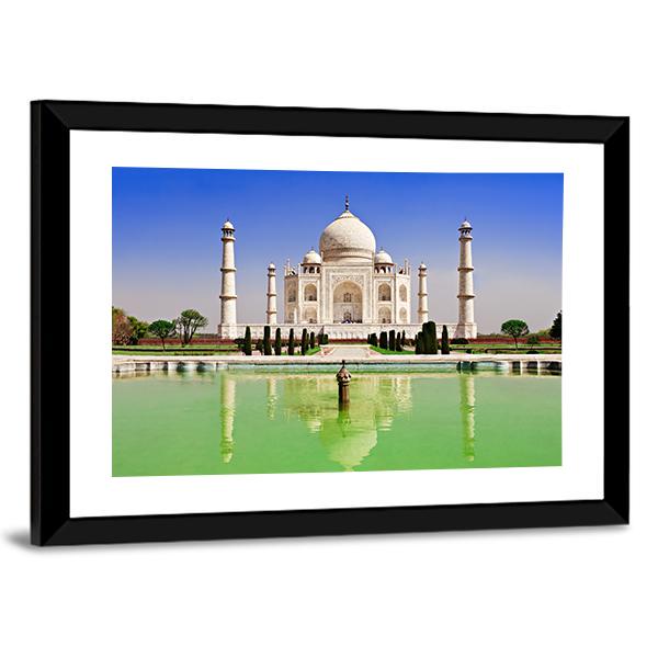 Green Pond In Front Of Taj Mahal Canvas Wall Art-5 Horizontal-Gallery Wrap-22" x 12"-Tiaracle