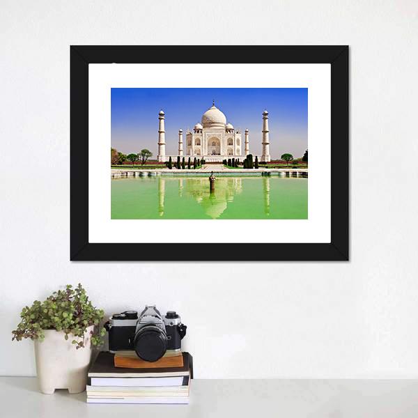 Green Pond In Front Of Taj Mahal Canvas Wall Art-1 Piece-Framed Print-20" x 16"-Tiaracle