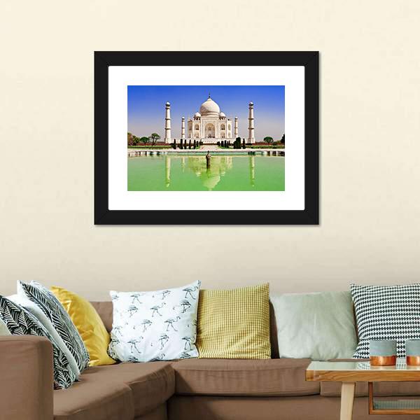 Green Pond In Front Of Taj Mahal Canvas Wall Art-3 Horizontal-Gallery Wrap-25" x 16"-Tiaracle