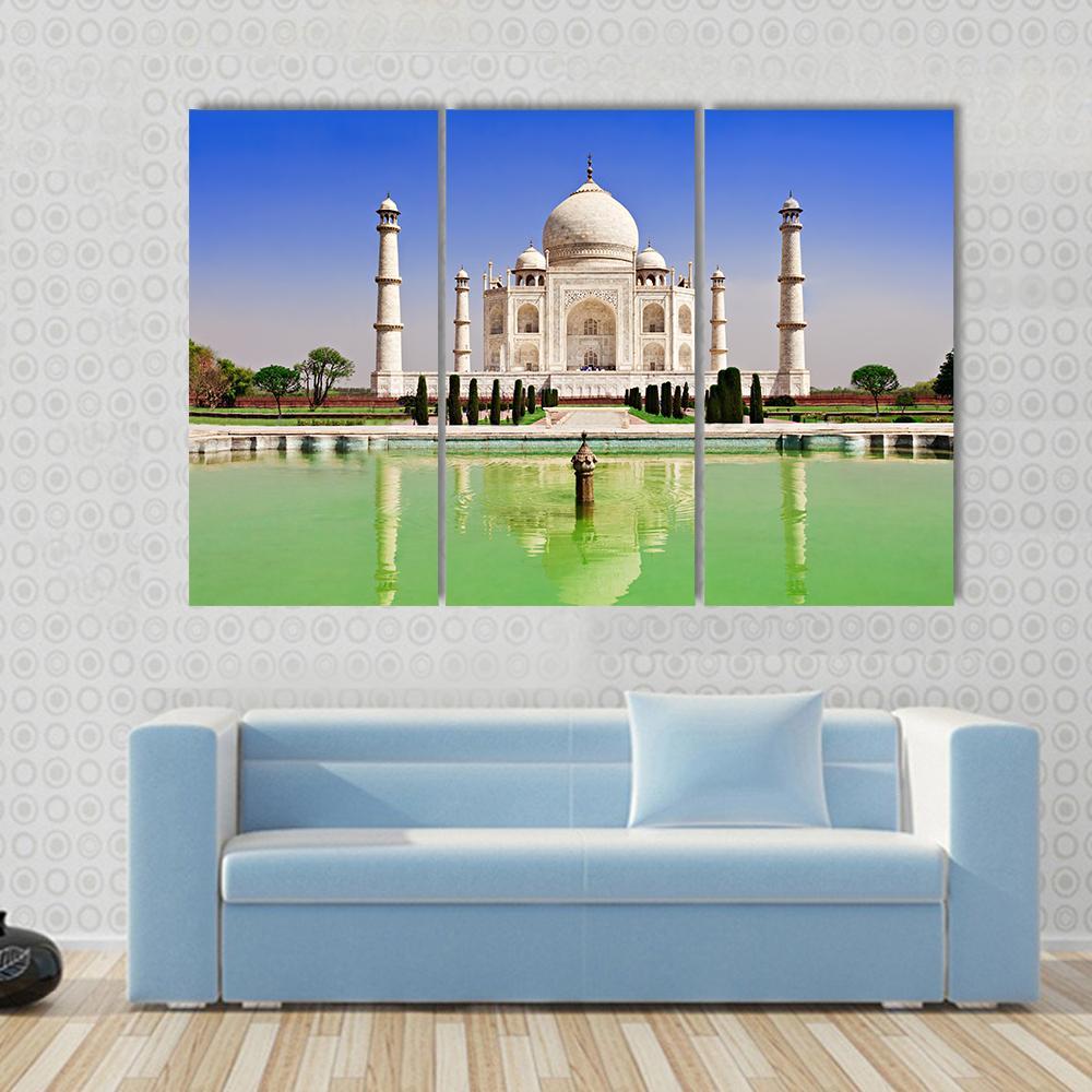 Green Pond In Front Of Taj Mahal Canvas Wall Art-3 Horizontal-Gallery Wrap-37" x 24"-Tiaracle