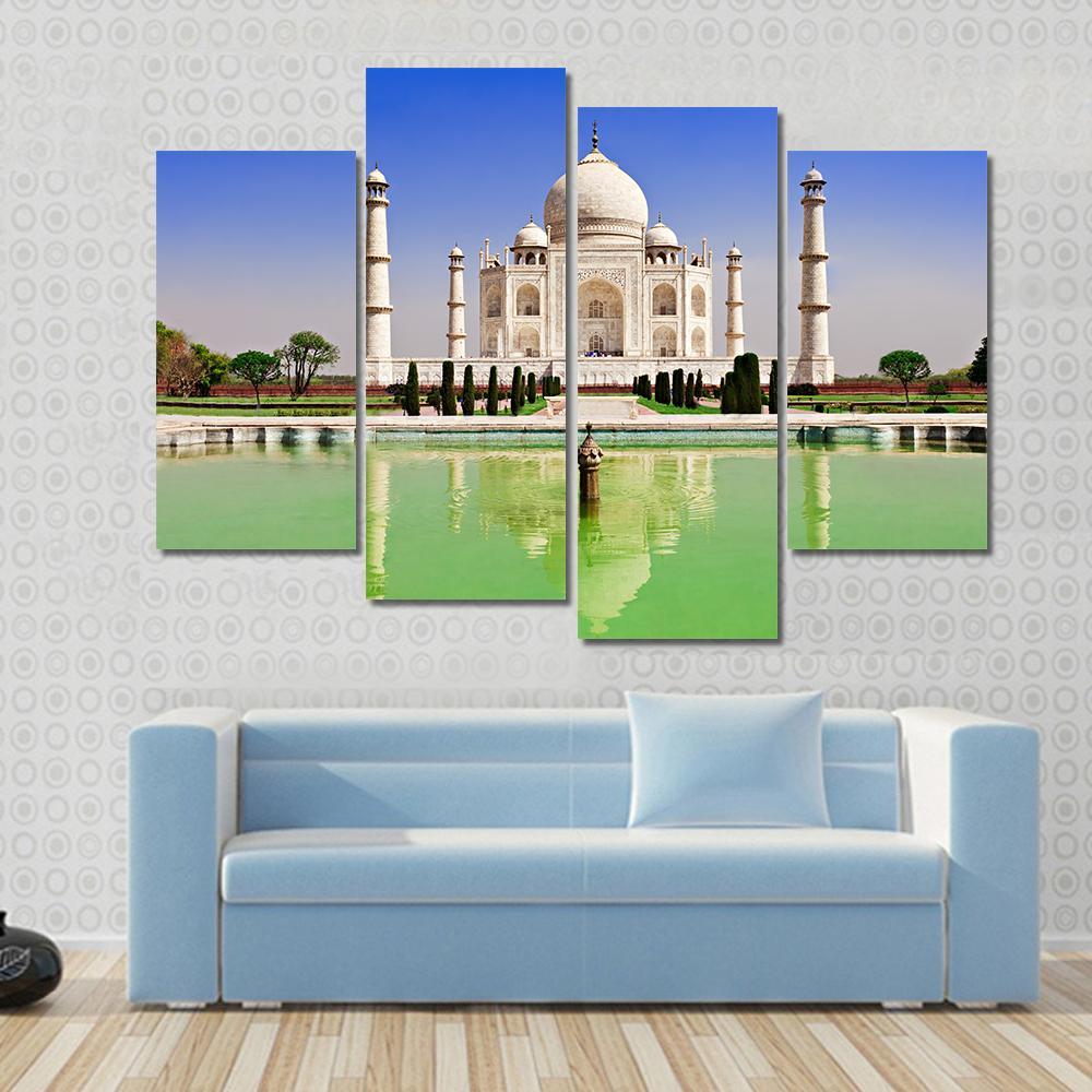 Green Pond In Front Of Taj Mahal Canvas Wall Art-4 Pop-Gallery Wrap-50" x 32"-Tiaracle