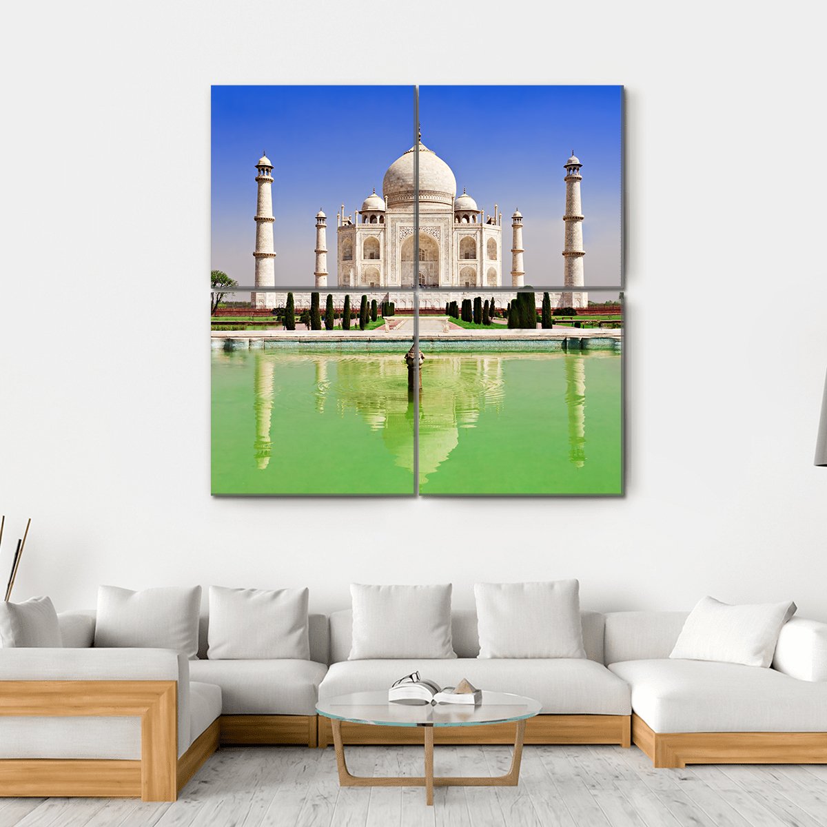 Green Pond In Front Of Taj Mahal Canvas Wall Art-4 Square-Gallery Wrap-17" x 17"-Tiaracle