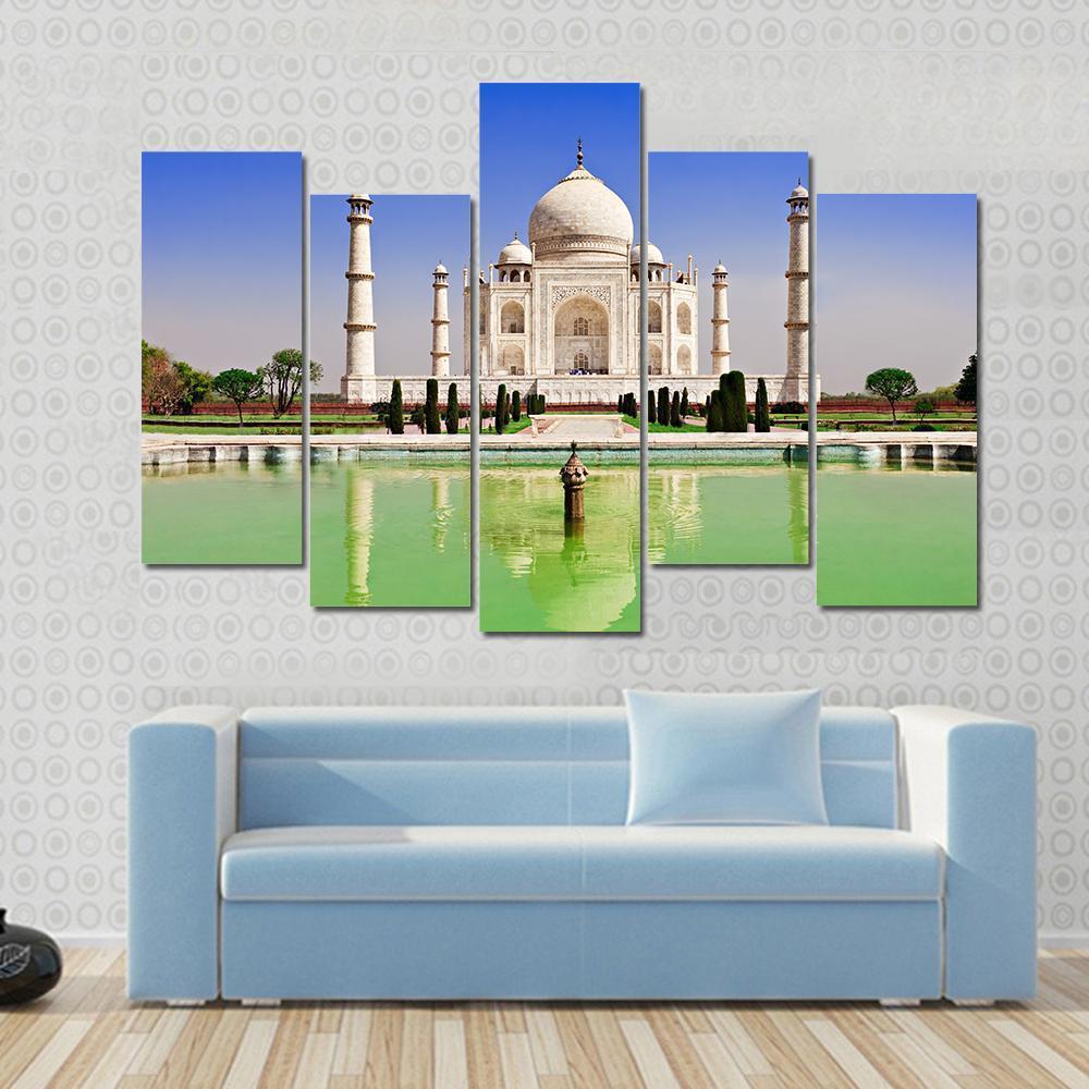 Green Pond In Front Of Taj Mahal Canvas Wall Art-5 Pop-Gallery Wrap-47" x 32"-Tiaracle