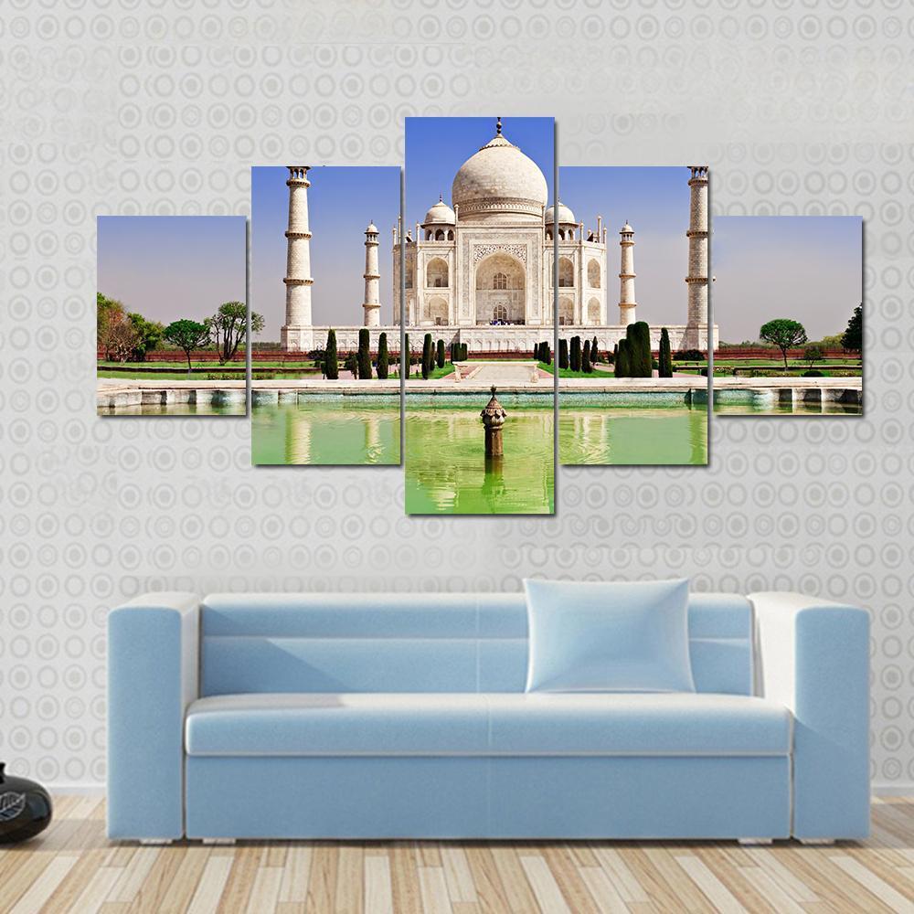 Green Pond In Front Of Taj Mahal Canvas Wall Art-5 Star-Gallery Wrap-62" x 32"-Tiaracle