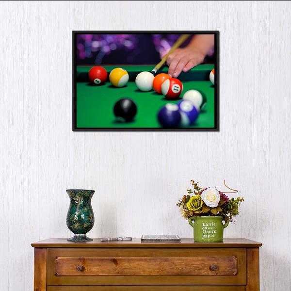 Green Pool Table Canvas Wall Art in green, framed canvas, product view on a white background