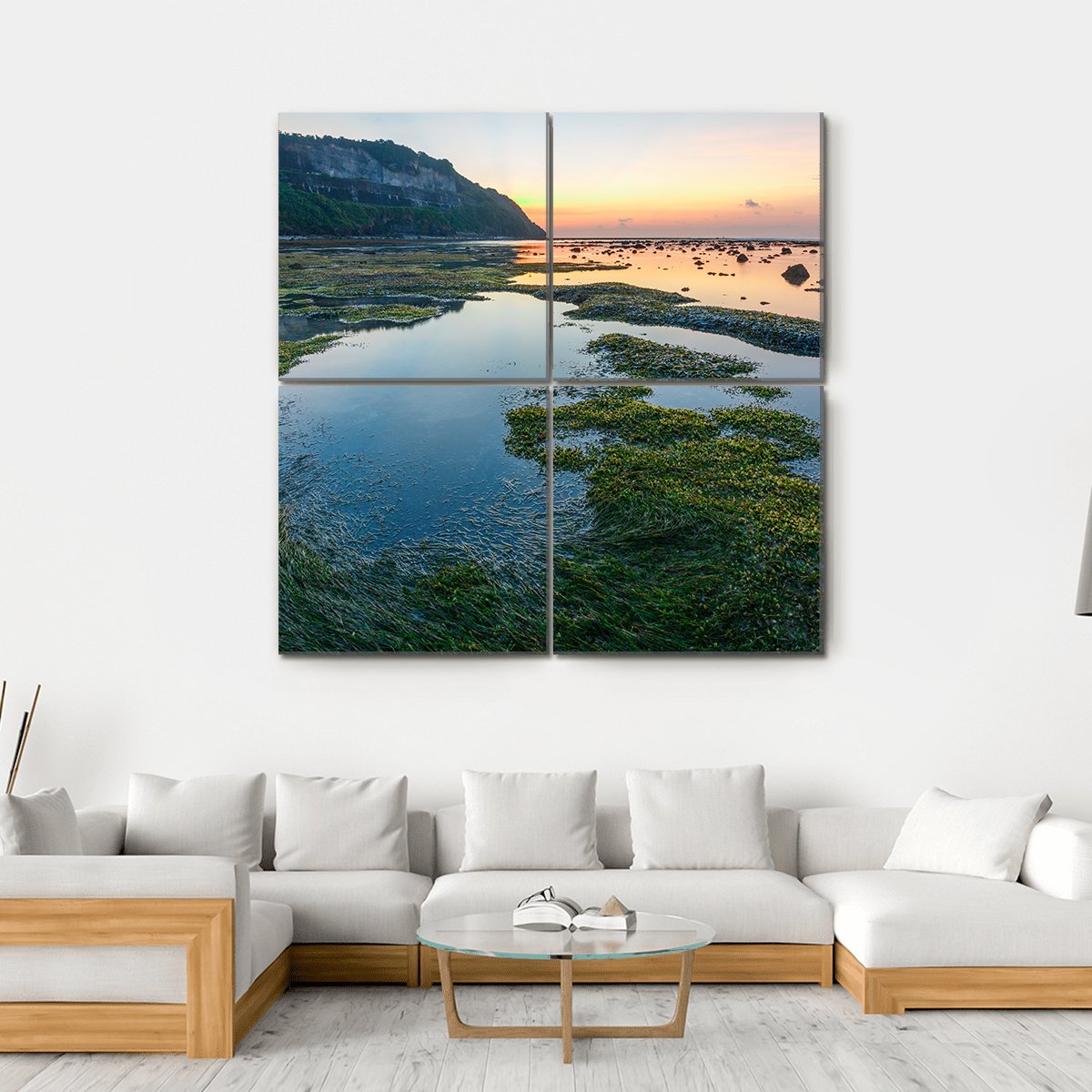 Green Rocks Beach At Bali Canvas Wall Art-4 Square-Gallery Wrap-17" x 17"-Tiaracle