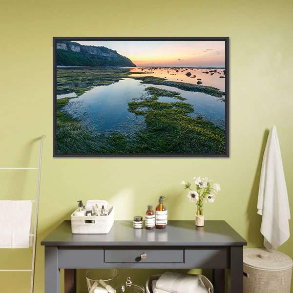 Green Rocks Beach At Bali Canvas Wall Art-1 Piece-Floating Frame-24" x 16"-Tiaracle