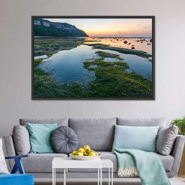 Green Rocks Beach At Bali Canvas Wall Art-5 Horizontal-Gallery Wrap-22" x 12"-Tiaracle