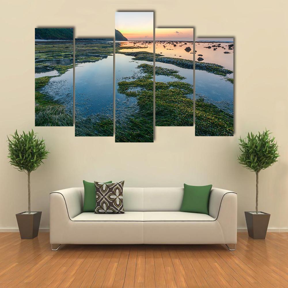 Green Rocks Beach At Bali Canvas Wall Art-5 Pop-Gallery Wrap-47" x 32"-Tiaracle