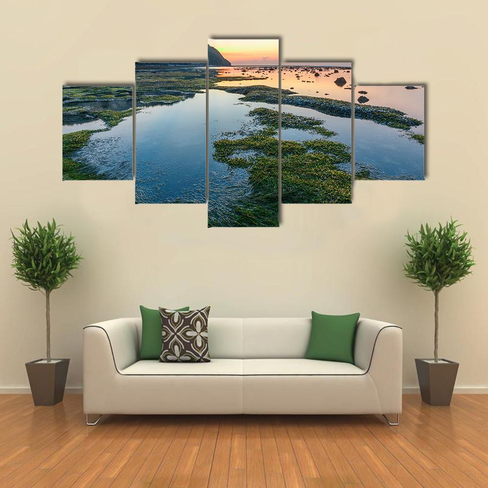 Green Rocks Beach At Bali Canvas Wall Art-5 Star-Gallery Wrap-62" x 32"-Tiaracle