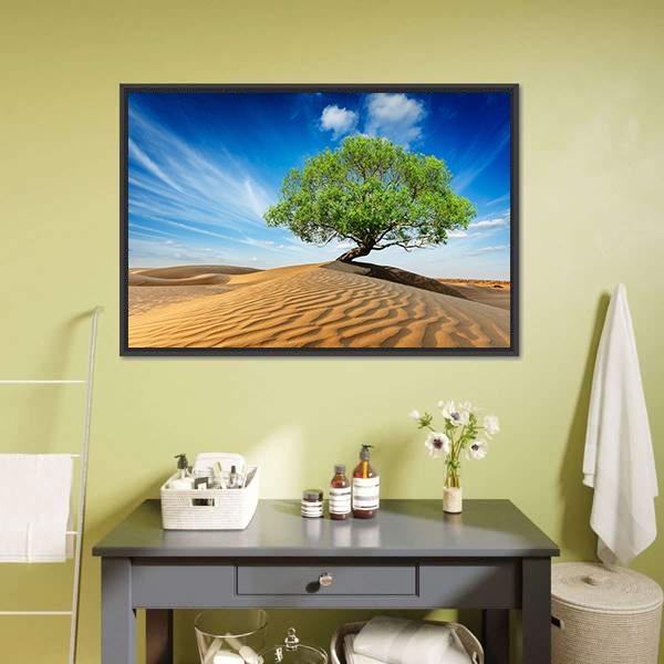 Green Tree In Desert Canvas Wall Art-1 Piece-Floating Frame-24" x 16"-Tiaracle